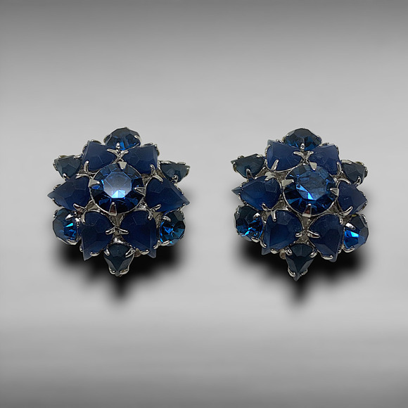 Vintage 1960's Blue Crystal Domed Cluster Clip On Earrings Runway Couture Carded - Picture 1 of 6